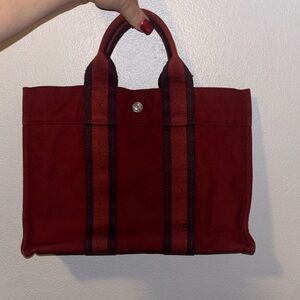 Hermes Burgundy and Black Canvas Tote